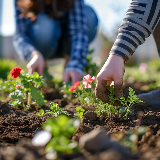 Older womans hands tending flowers in a garden