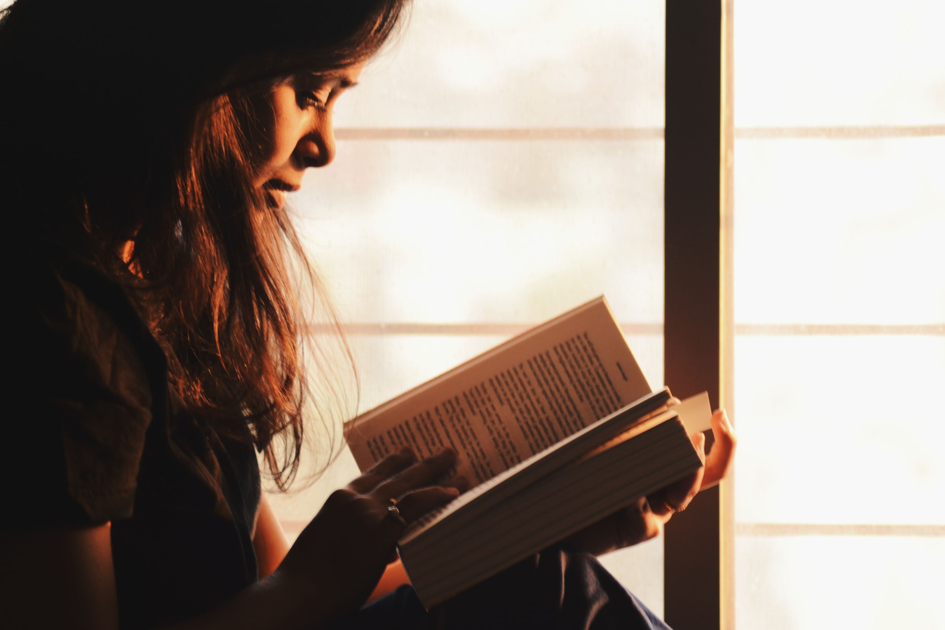 Woman reading quietly by a sunlit window